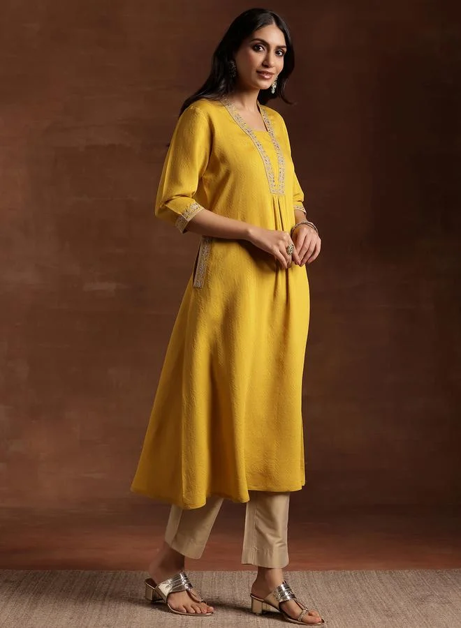 Libas Yellow Embroidered Silk A-Line Kurta