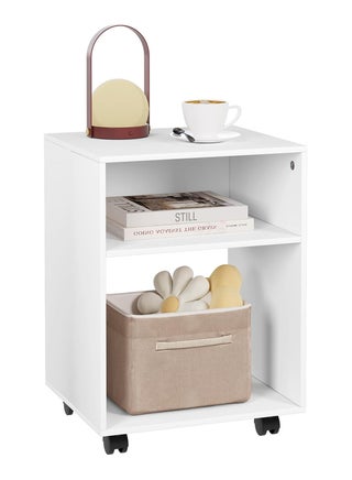 Compact White Printer Cabinet with Wheels – 2 Open Compartments for Office & Home Storage, Multi-Functional Trolley.