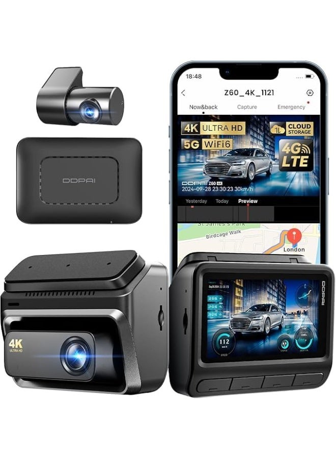 DDPAI Z60 4G Dash Cam for Cars Front and Rear, 4K+1080P Remote Monitor Dashcam, Cloud Storage, up to 15MB/s 5GHz WiFi6 Car Dash Camera, 3" IPS with 32G eMMC GPS Night Vision 24H Parking Monitor - Image 1
