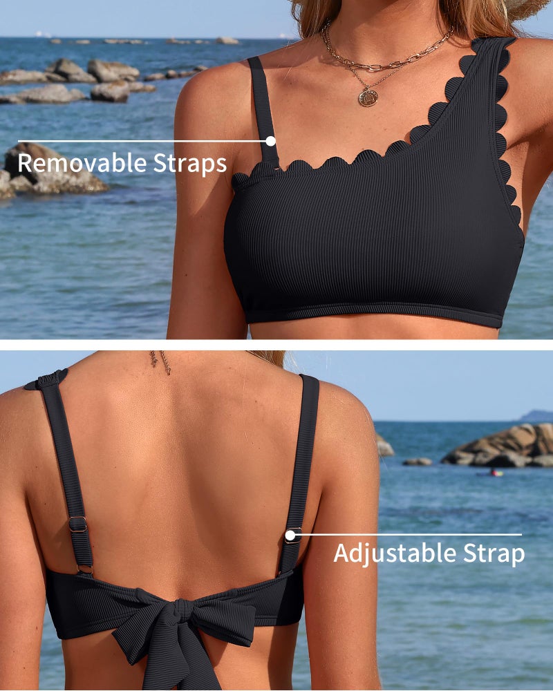 Charmo Womens One Shoulder Bikini Sets High Waisted Tummy Control Bathing Suits Ribbed Scalloped 2 Piece Swimsuit 2026 Black M - Image 5