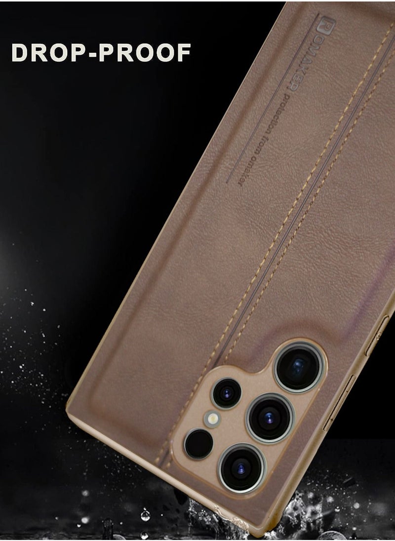 OMAKER Luxury PU Leather Shockproof Case Cover For Samsung Galaxy S23 Ultra 5G 2023 Brown  - Image 4