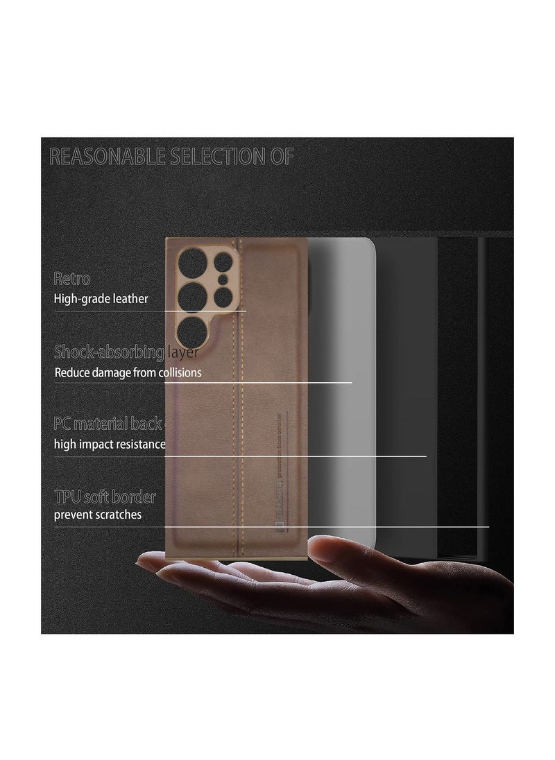 OMAKER Luxury PU Leather Shockproof Case Cover For Samsung Galaxy S23 Ultra 5G 2023 Brown  - Image 5