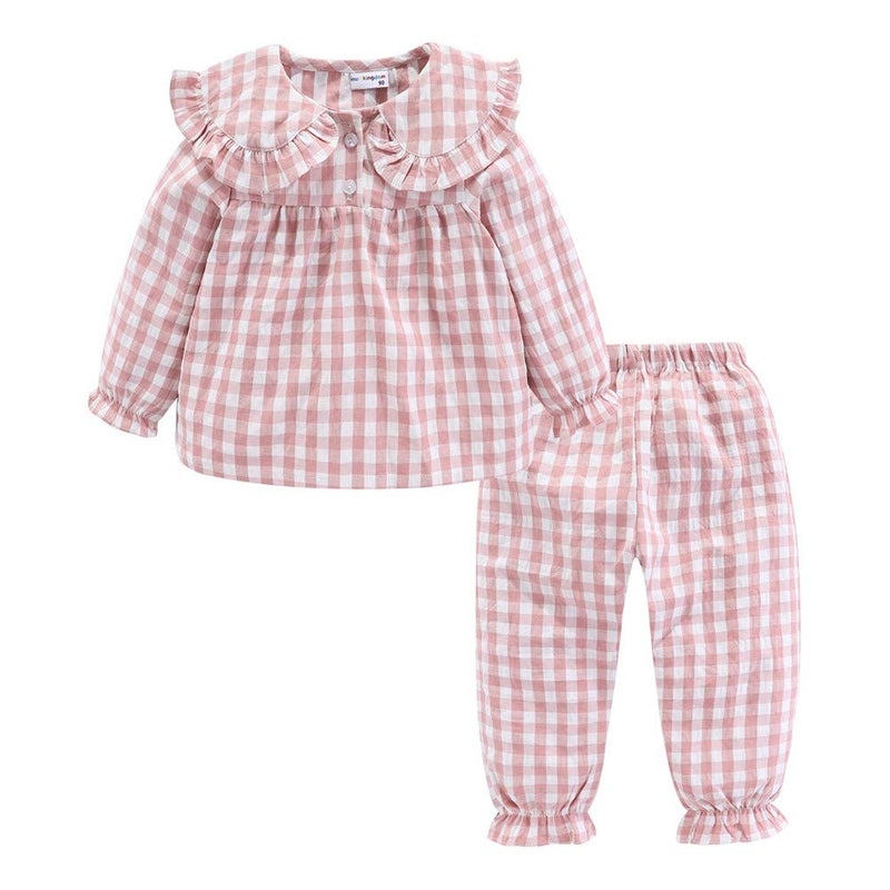 Mud Kingdom Little Girls Home Set for Kids Loungewear Button Down Lattice Peter Pan Collar indoor outfits Pink Size 7-8 - Image 1