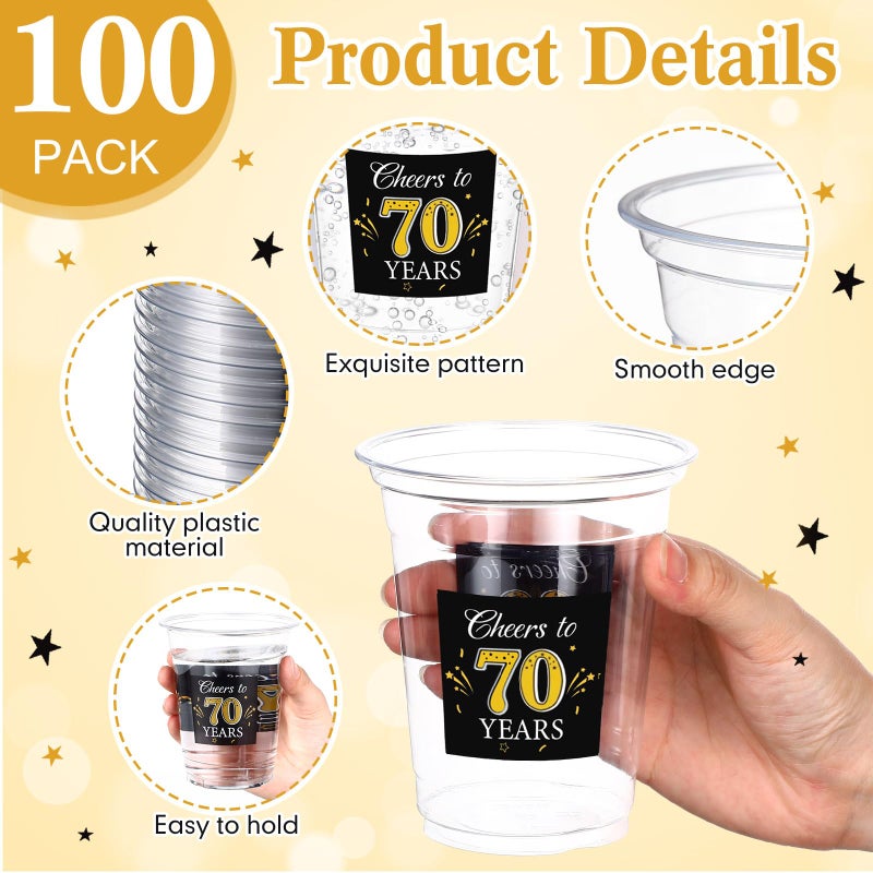 Funnymoom 100 Pack 70th Birthday Cup 12 oz Cheers to 70 Years Happy Birthday Disposable Clear Plastic Cups for Him Men Women Wedding Anniversary Decorations Party Favors - Image 1