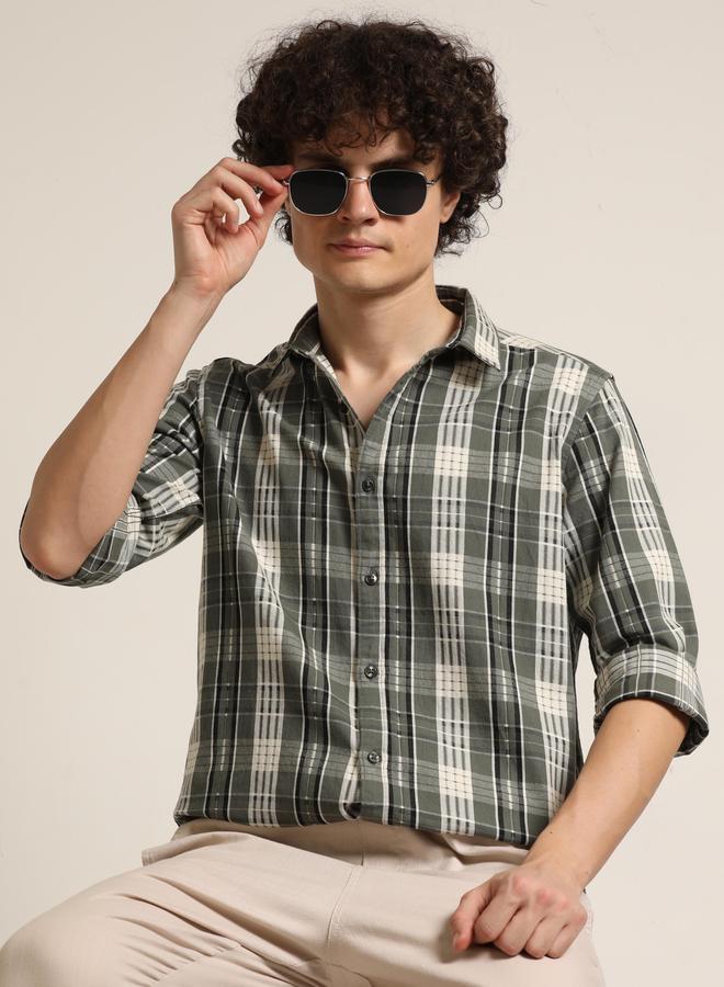 Bushirt Men Green Checked Long Sleeves Shirt - Image 1