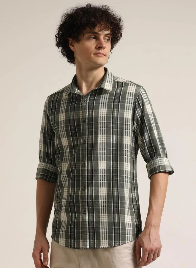 Bushirt Bushirt Men Green Checked Long Sleeves Shirt