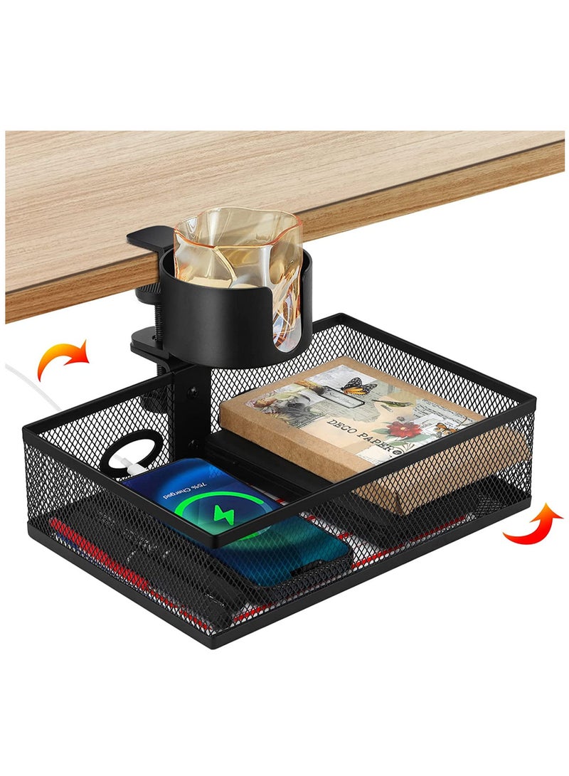 360 ° Rotary Under Desk Drawer with Cup Holder, 2 in 1 Desk Drawer Organizer Tray Anti-Spill Desk Cup Holder & Storage Rack Punch Free Metal Storage Box for Home Office Desk with 2 Wire Holes - Image 1