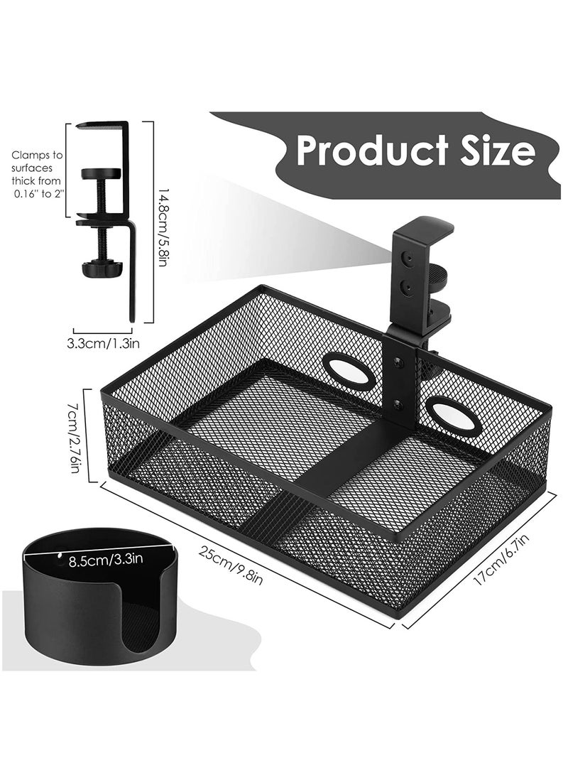 360 ° Rotary Under Desk Drawer with Cup Holder, 2 in 1 Desk Drawer Organizer Tray Anti-Spill Desk Cup Holder & Storage Rack Punch Free Metal Storage Box for Home Office Desk with 2 Wire Holes - Image 2