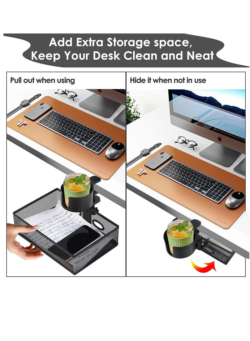 360 ° Rotary Under Desk Drawer with Cup Holder, 2 in 1 Desk Drawer Organizer Tray Anti-Spill Desk Cup Holder & Storage Rack Punch Free Metal Storage Box for Home Office Desk with 2 Wire Holes - Image 4