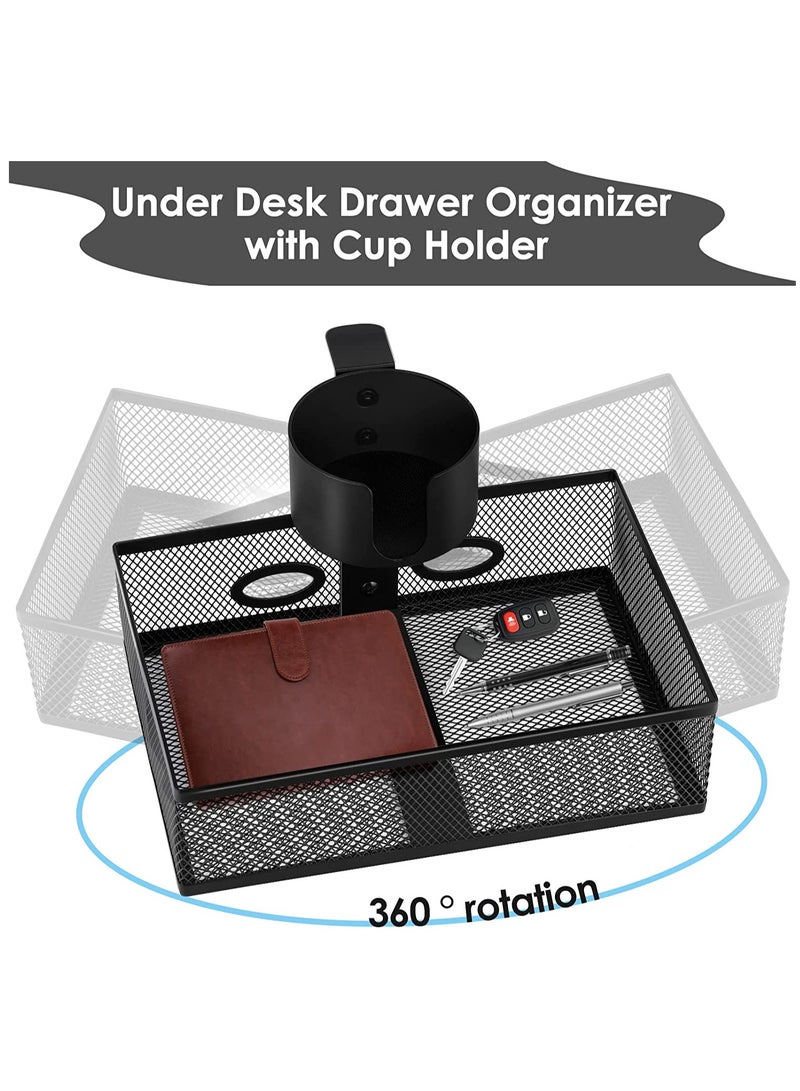 360 ° Rotary Under Desk Drawer with Cup Holder, 2 in 1 Desk Drawer Organizer Tray Anti-Spill Desk Cup Holder & Storage Rack Punch Free Metal Storage Box for Home Office Desk with 2 Wire Holes - Image 3