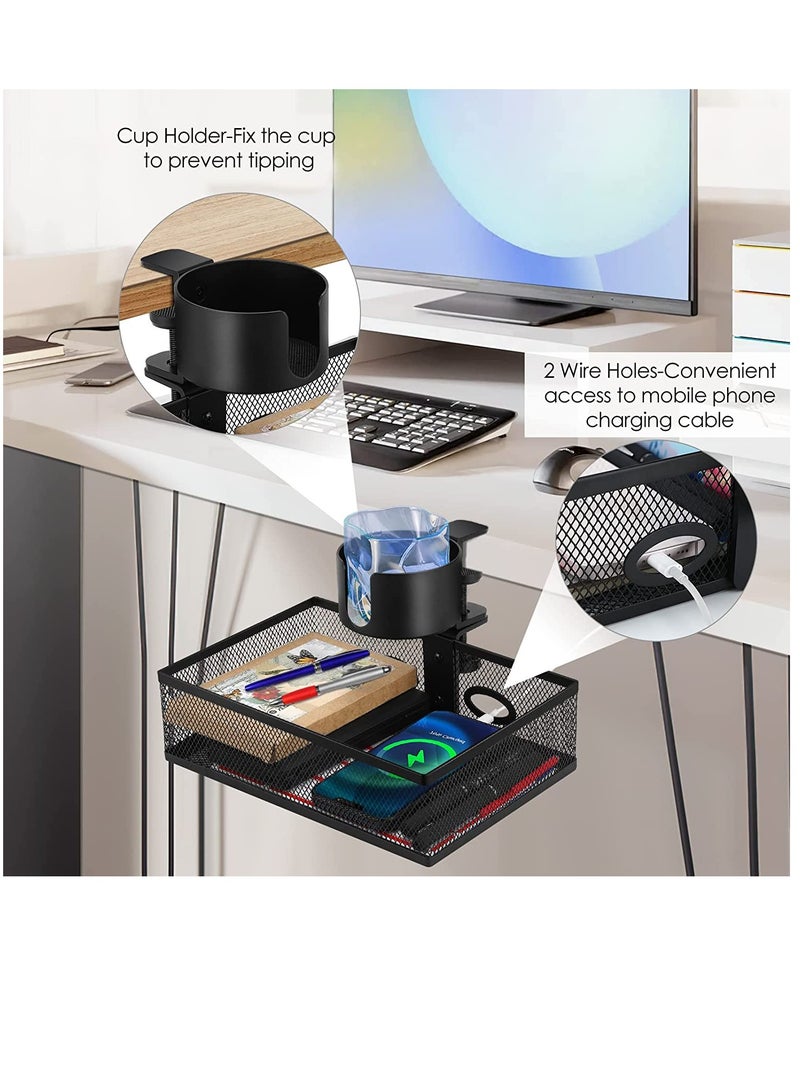 360 ° Rotary Under Desk Drawer with Cup Holder, 2 in 1 Desk Drawer Organizer Tray Anti-Spill Desk Cup Holder & Storage Rack Punch Free Metal Storage Box for Home Office Desk with 2 Wire Holes - Image 5