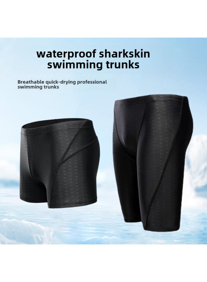 Loquat Shark Skin Swimming Trunks Boxer Men's Plus Size Swimming Trunks Waterproof Quick-drying Swimming Trousers Tether Training Swimming Cap Men And Women-Color:Black Shark Skin Swimming Cap Free Size- - Image 3