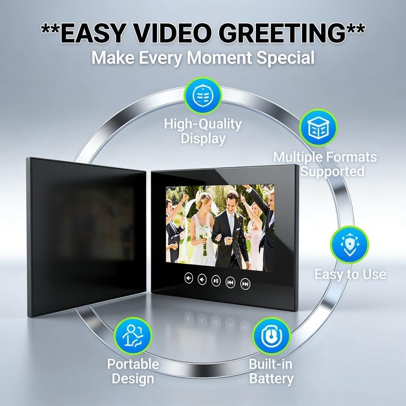 بطاقة تهنئة إلكترونية مع تشغيل عالي الدقة 720P، شاشة LCD ملونة، تصميم مخصص للشركات والذكرى السنوية للزواج - رسائل فيديو مخصصة، تصميم مضغوط للترويج والاحتفالات (5 بوصة) - Image 5
