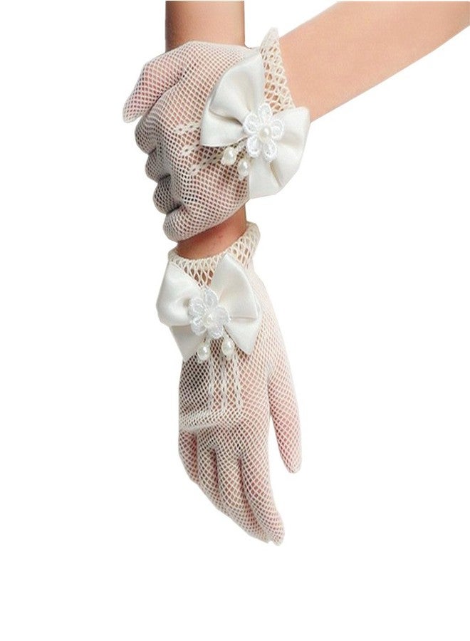 DreamHigh Wedding Flower Girls Mittens Pearl Bow Tie Fish Net Gloves- White - Image 1