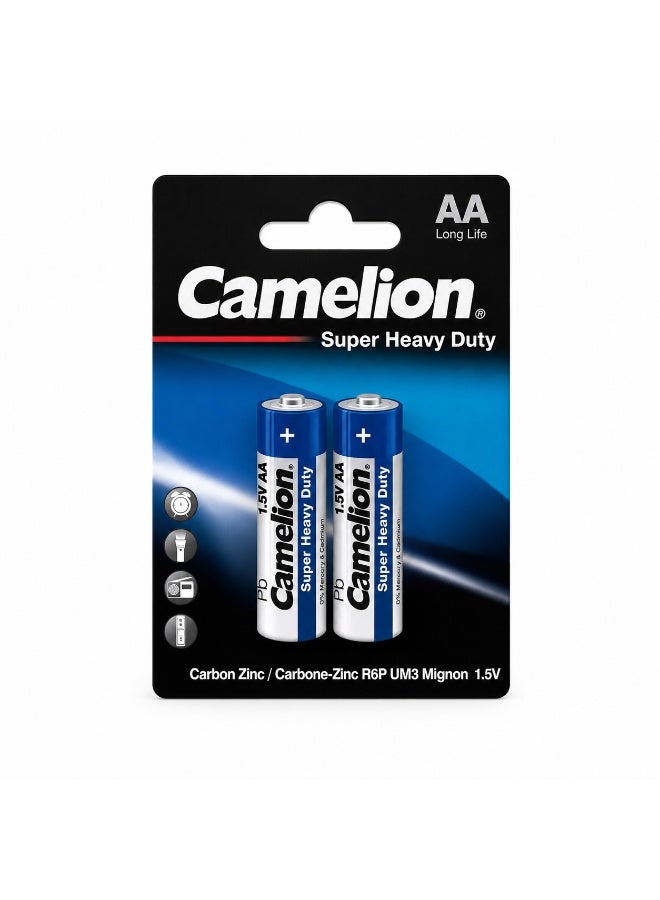 Camelion AA Super Heavy Duty Batteries 2 Pack, 1.5V Zinc Carbon Double A Dry Cell Battery for Remote Controls, Clocks, Toys, Radios & Flashlights - Image 1