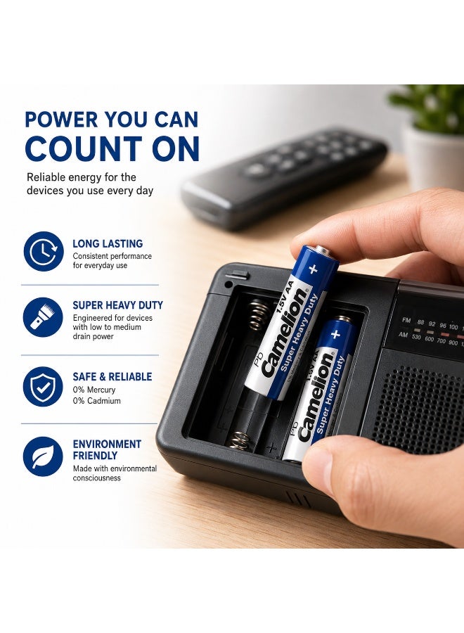 Camelion AA Super Heavy Duty Batteries 2 Pack, 1.5V Zinc Carbon Double A Dry Cell Battery for Remote Controls, Clocks, Toys, Radios & Flashlights - Image 3