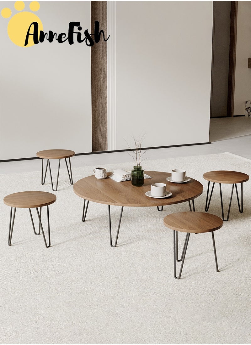 AnneFish 5pcs Floor Coffee Table Set Low Round Home Nesting Friends Gathering Table Set Of 5 Side Table For Living Room  - Image 1
