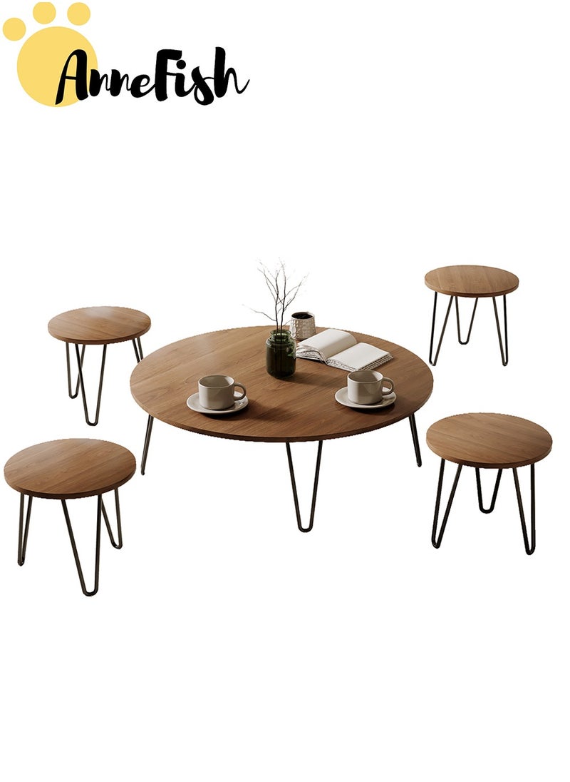 AnneFish - 5pcs Floor Coffee Table Set Low Round Home Nesting Friends Gathering Table Set Of 5 Side Table For Living Room - Image 1