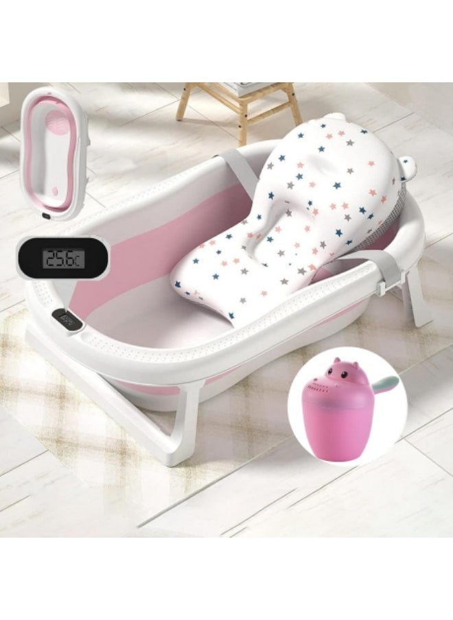 Baby Foldable Bath Tub, with Bathmat Cushion,Thermometer,Water ladle, Collapsible Portable Baby Bathtub with Drain Hole,Pink