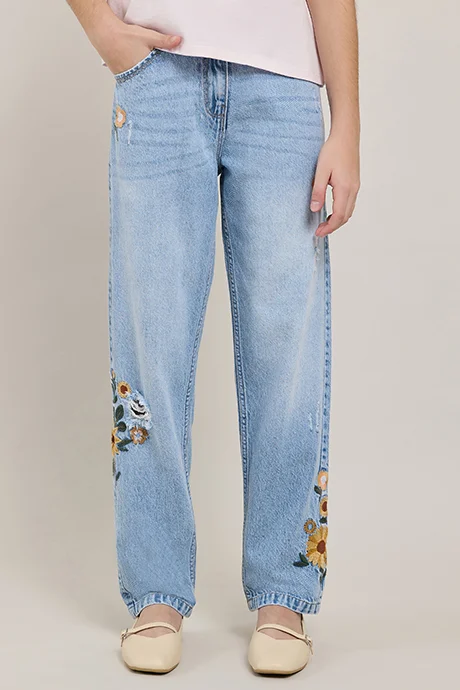 R&B Embroidered Straight Fit Jeans with Button Closure