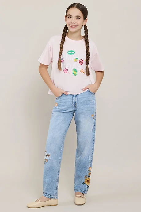 R&B Embroidered Straight Fit Jeans with Button Closure