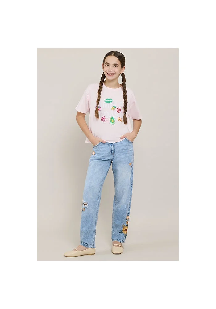 أر أند بي Embroidered Straight Fit Jeans with Button Closure