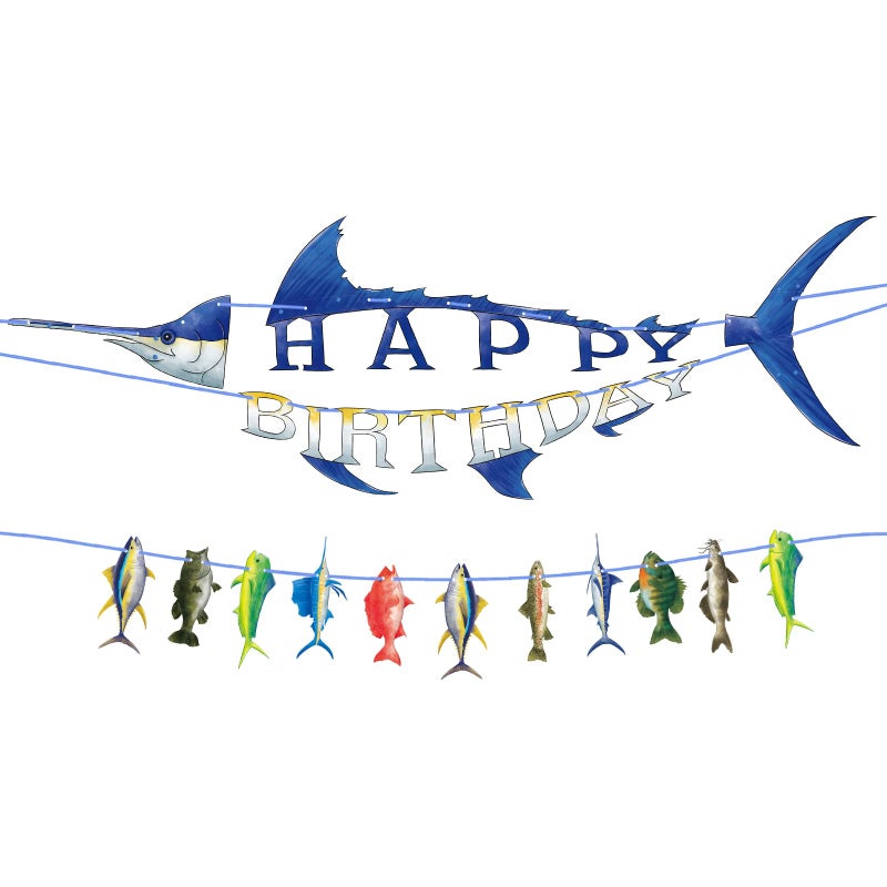 WERNNSAI Fishing Happy Birthday Party Banner - Gone Fishing String Hanging Banner with Pre-strung Fishing Banner Supplies for Boys Litter Fisherman Birthday Party Hanging Wall Decorations - Image 1