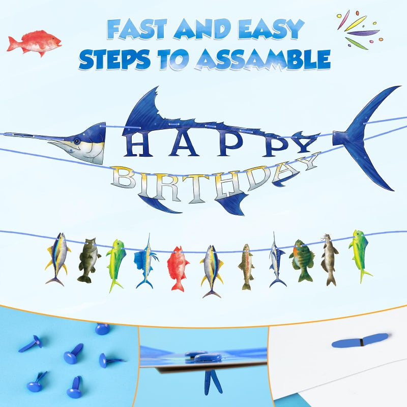 WERNNSAI Fishing Happy Birthday Party Banner - Gone Fishing String Hanging Banner with Pre-strung Fishing Banner Supplies for Boys Litter Fisherman Birthday Party Hanging Wall Decorations - Image 2