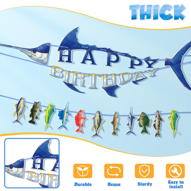WERNNSAI Fishing Happy Birthday Party Banner - Gone Fishing String Hanging Banner with Pre-strung Fishing Banner Supplies for Boys Litter Fisherman Birthday Party Hanging Wall Decorations - Image 3