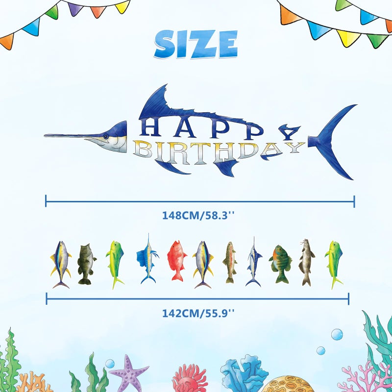 WERNNSAI Fishing Happy Birthday Party Banner - Gone Fishing String Hanging Banner with Pre-strung Fishing Banner Supplies for Boys Litter Fisherman Birthday Party Hanging Wall Decorations - Image 5