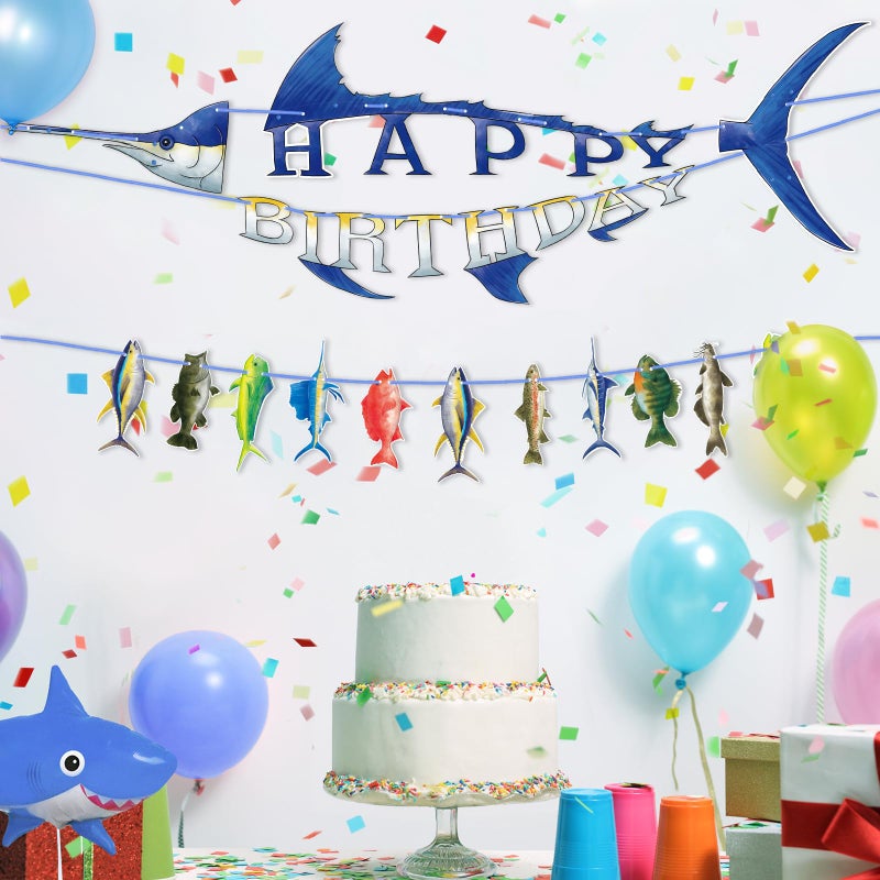 WERNNSAI Fishing Happy Birthday Party Banner - Gone Fishing String Hanging Banner with Pre-strung Fishing Banner Supplies for Boys Litter Fisherman Birthday Party Hanging Wall Decorations - Image 4