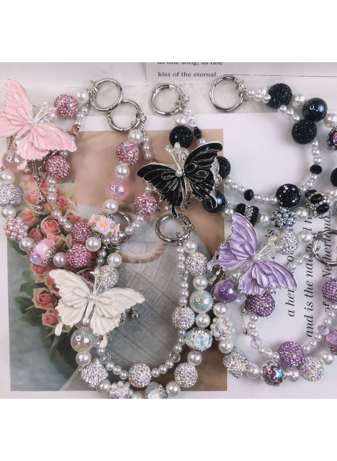 Generic - Tassel Butterfly Mobile Phone Chain Heavy Industry Diamond Double-layer Mobile Phone Pendant Versatile Bag Chain Live Broadcast Hot Style-Specifications:B6-A White - Image 1