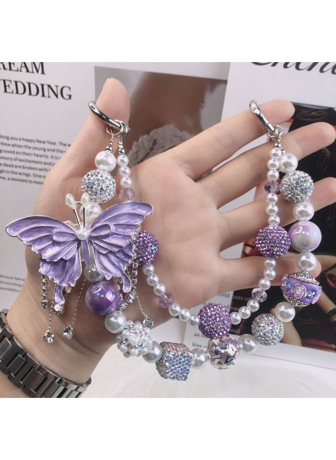 Generic - Tassel Butterfly Mobile Phone Chain Heavy Industry Diamond Double-layer Mobile Phone Pendant Versatile Bag Chain Live Broadcast Hot Style-Specifications:B6-A White - Image 1