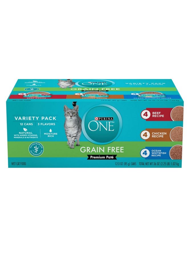 Purina ONE Purina ONE Grain Free, Natural Pate Wet Cat Food Variety Pack, Beef, Chicken and Ocean Whitefish Recipes - (2 Packs of 12) 3 oz. Pull-Top Cans  - Image 1