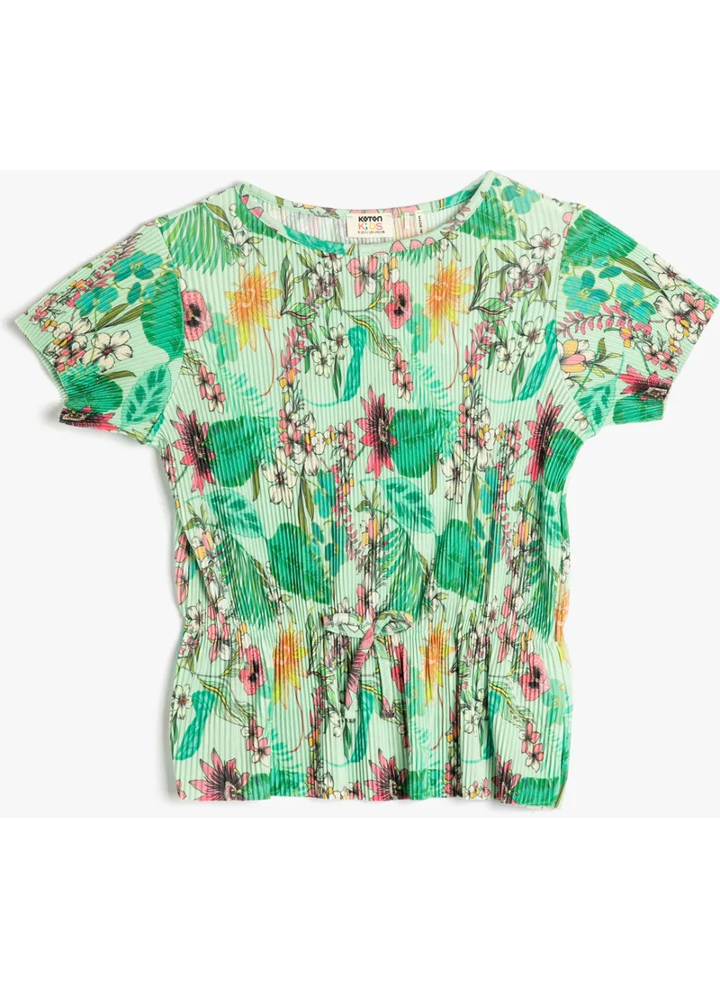 KOTON Floral T-Shirt Tie Waist Short Sleeve Round Neck Pleated