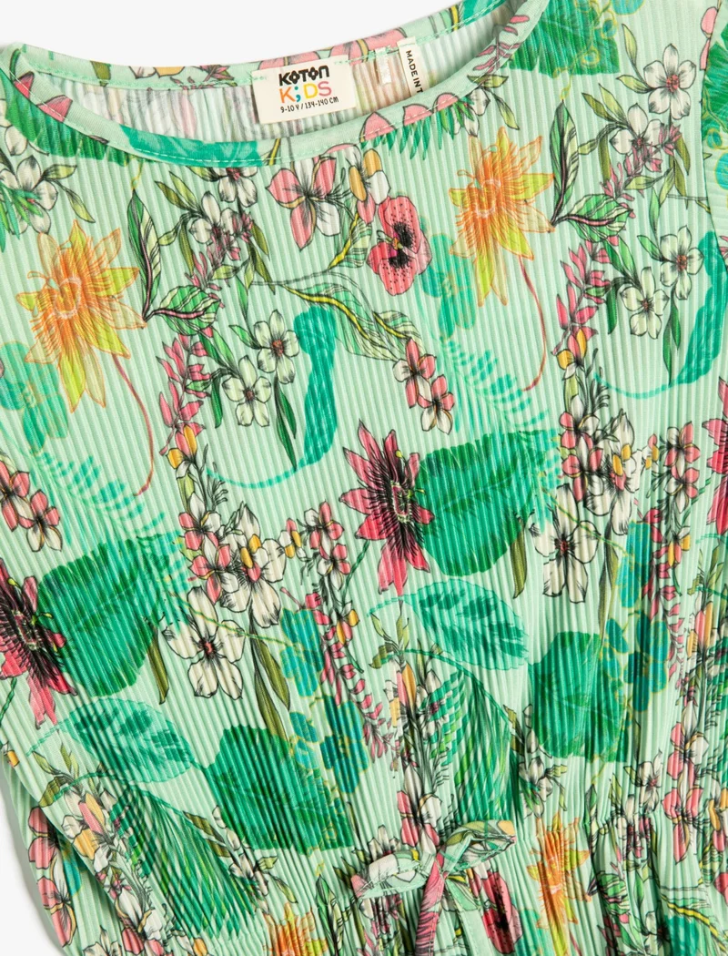 كوتون Floral T-Shirt Tie Waist Short Sleeve Round Neck Pleated