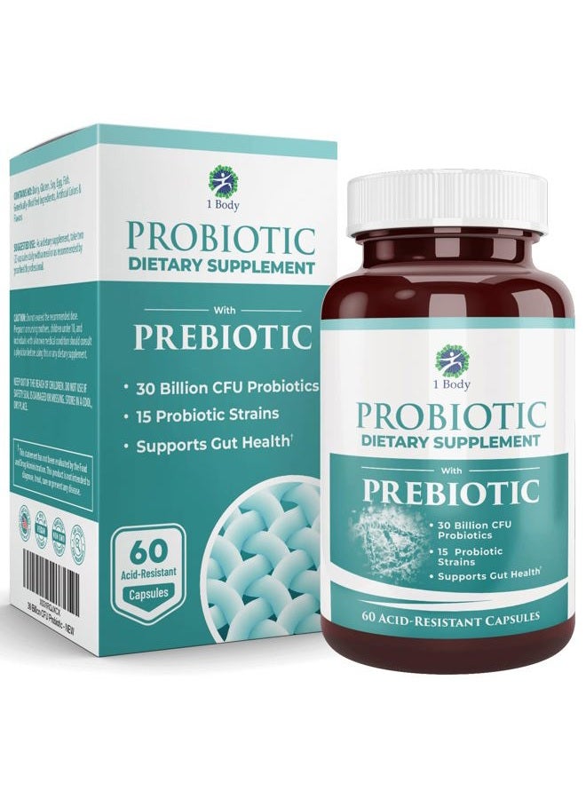1 Body 30 Billion CFU Probiotic Supplement with Prebiotics – Patented Acid Resistant Capsules to Promote Gut Health, Support Immune System – Probiotics for Women and Men - 60 Vegetarian Capsules - Image 1