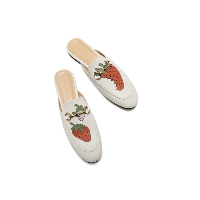 Women'S Open-Toe Mules For Outdoor Wear 2025, Genuine Leather Sandals With Horsebit Buckle, Backless Slip-On Flat Mules With Embroidery - Image 1