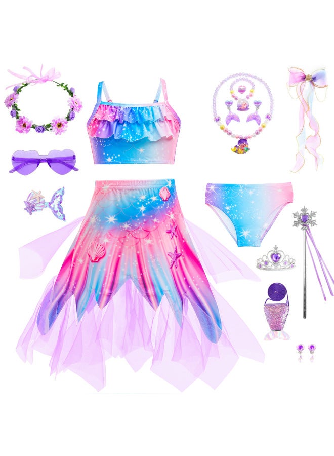 Mermaid Costume Dress - Girls Mermaid Fishtail Costume Dress - Cx62 (three-piece set), 130 - Princess Dress Up, Halloween Cosplay, Fancy Party Wear, Birthday Costume, Fantasy Outfit Swimsuit - Image 2