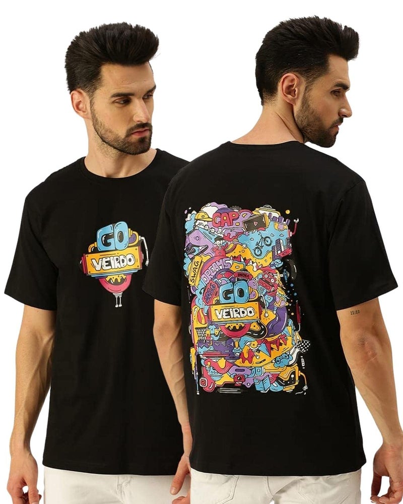 Veirdo Men's Oversized Cotton Graphic Print Black Crew Neck T-Shirt with Chest Print - Image 1