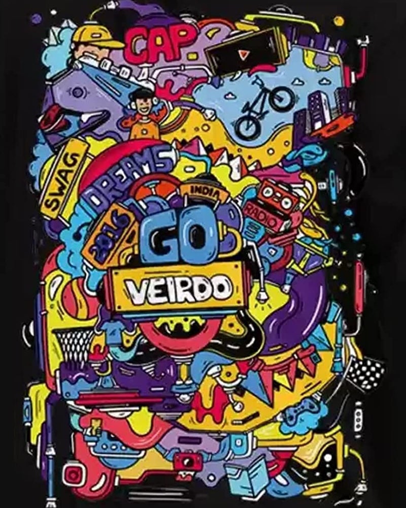 Veirdo Men's Oversized Cotton Graphic Print Black Crew Neck T-Shirt with Chest Print - Image 5