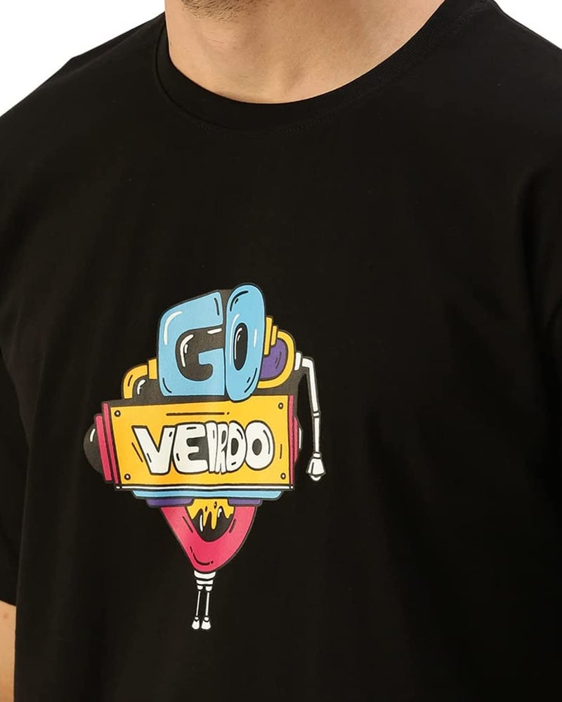 Veirdo Men's Oversized Cotton Graphic Print Black Crew Neck T-Shirt with Chest Print - Image 4