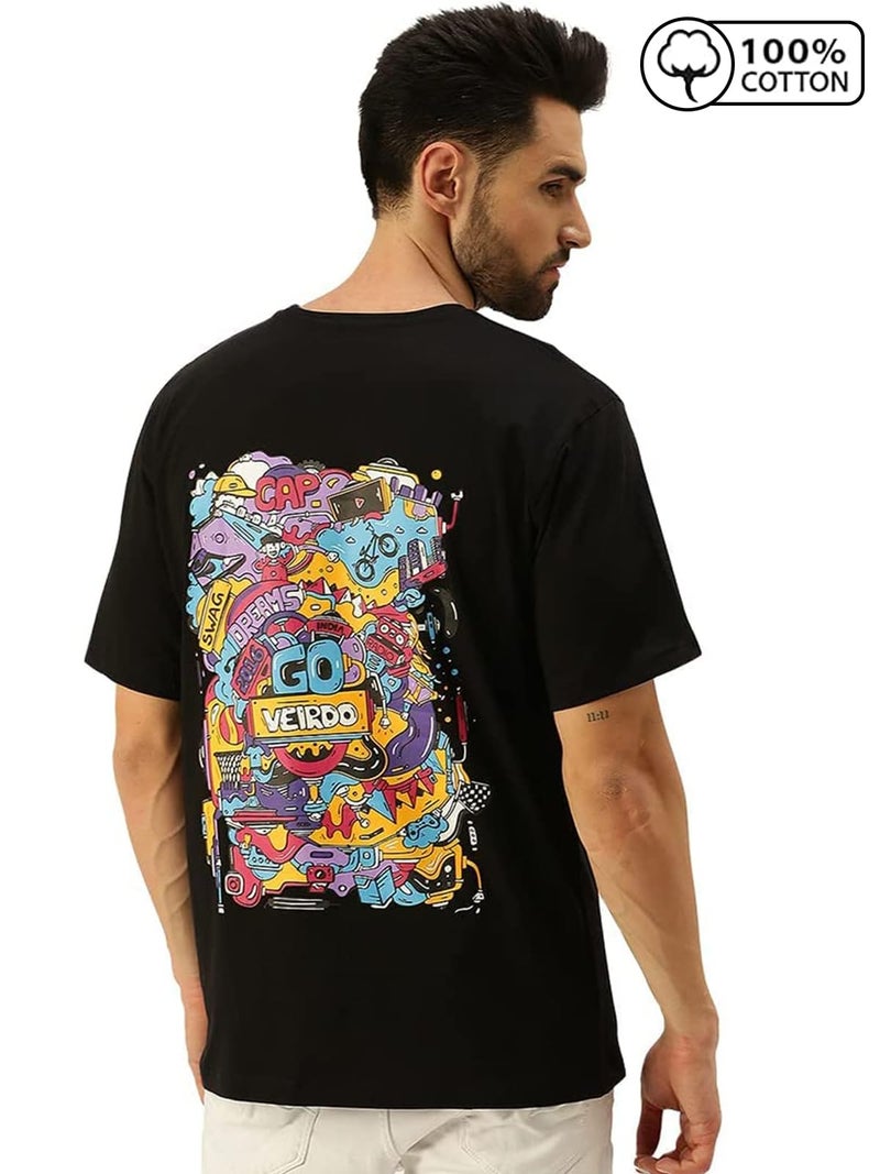 Veirdo Men's Oversized Cotton Graphic Print Black Crew Neck T-Shirt with Chest Print - Image 2