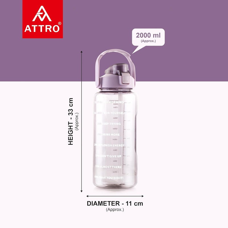 ATTRO زجاجة رياضية بسعة 2 لتر مع اقتباسات وعلامات زمنية مع مقبض سهل الحمل وقشة خالية من BPA، مقاومة للتسرب للجيم، المكتب، التمارين - بنفسجي، بلاستيك - Image 4