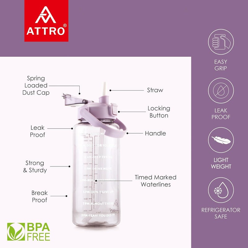 ATTRO زجاجة رياضية بسعة 2 لتر مع اقتباسات وعلامات زمنية مع مقبض سهل الحمل وقشة خالية من BPA، مقاومة للتسرب للجيم، المكتب، التمارين - بنفسجي، بلاستيك - Image 2