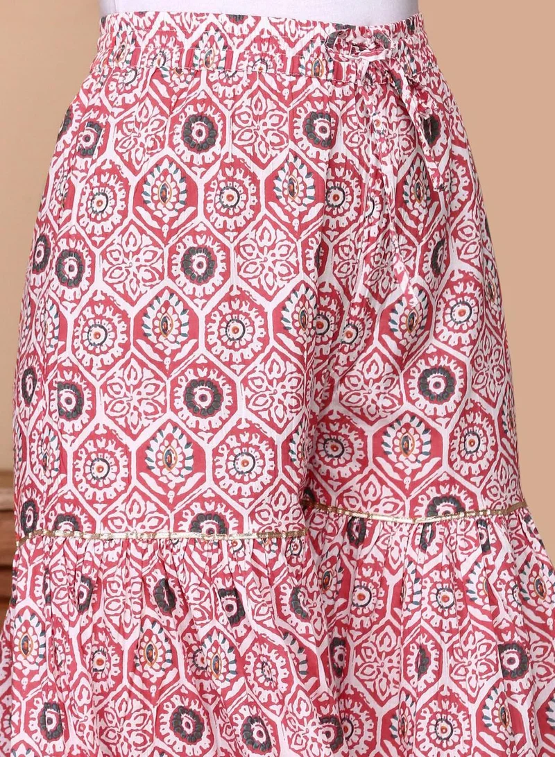 ISHIN Women's Pink 100% Cotton Printed Tunic Full Length Palazzo Regular Fit Kurta Set