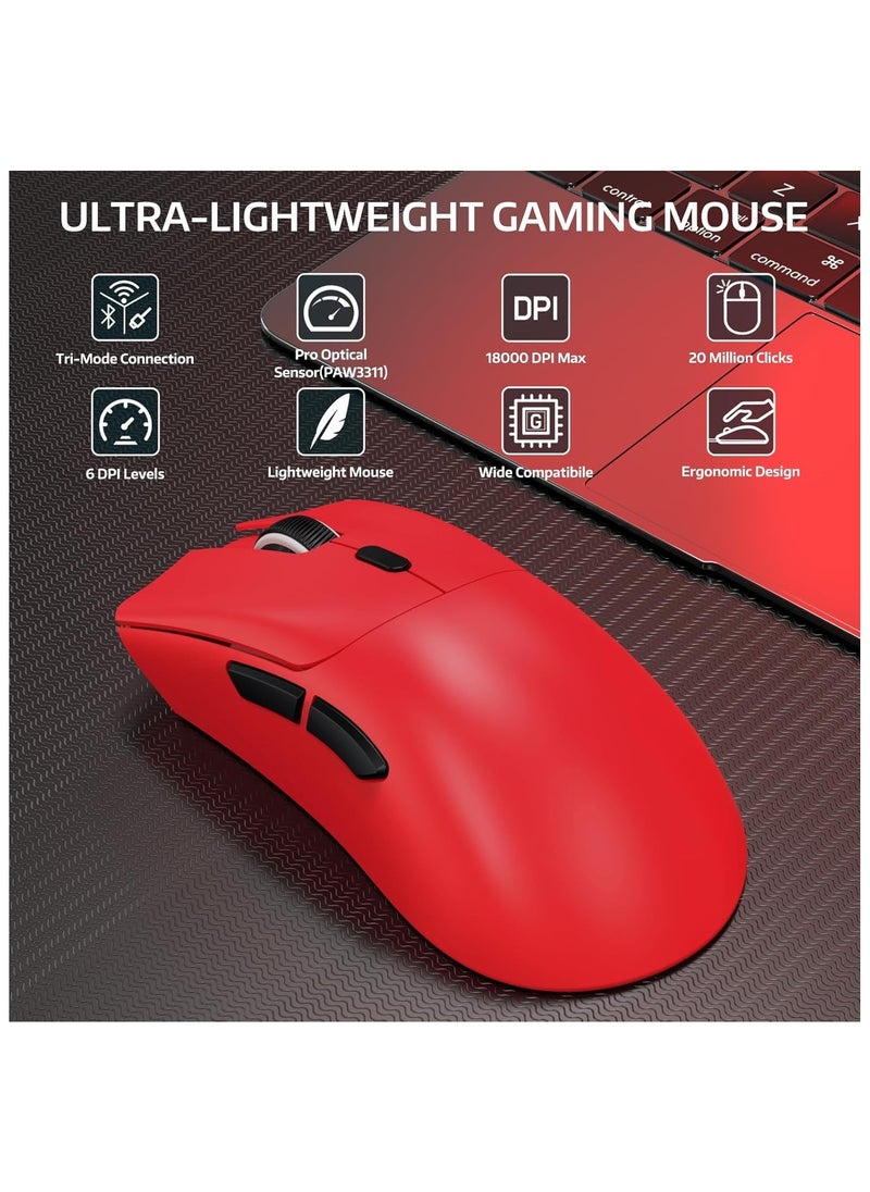 Attack Shark - ATTACK SHARK R1 Wireless Gaming Mouse,Tri-Mode Connection (2.4G/Wired/BT5.2),55g Lightweight,18K DPI Optical Sensor,HUYU 20 Million Key Life,Ergonomic Design,for PC/Laptop/Win/Mac(Red) - Image 1