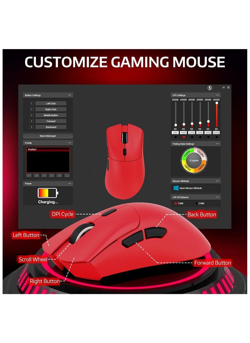 Attack Shark - ATTACK SHARK R1 Wireless Gaming Mouse,Tri-Mode Connection (2.4G/Wired/BT5.2),55g Lightweight,18K DPI Optical Sensor,HUYU 20 Million Key Life,Ergonomic Design,for PC/Laptop/Win/Mac(Red) - Image 1