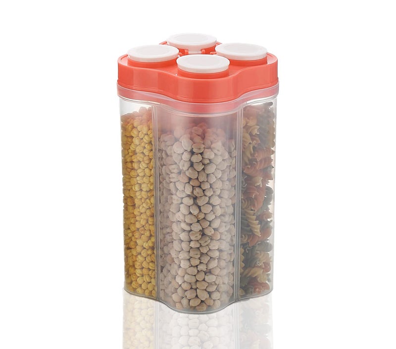Tosaa Airtight Transparent Plastic Lock Food Storage 4 Section Container Jar for Grocery, Fridge Container Pack of 1, 2500ML - Orange - Image 3