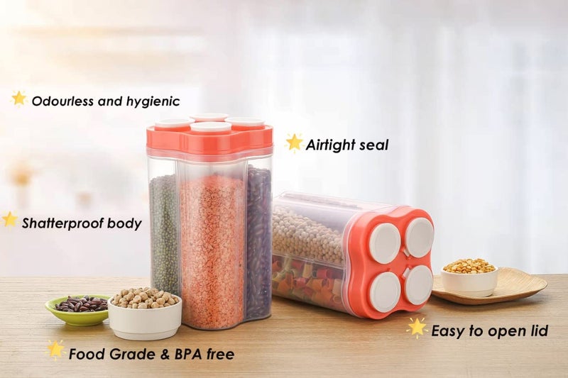 Tosaa Airtight Transparent Plastic Lock Food Storage 4 Section Container Jar for Grocery, Fridge Container Pack of 1, 2500ML - Orange - Image 5